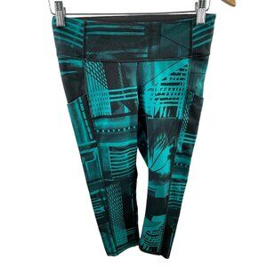Lucy Urban Print Cropped Leggings Size Small Black & Teal Stretch Activewear